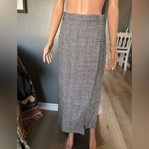 British Khaki Black and White Checkered Linen Faux Wrap Skirt